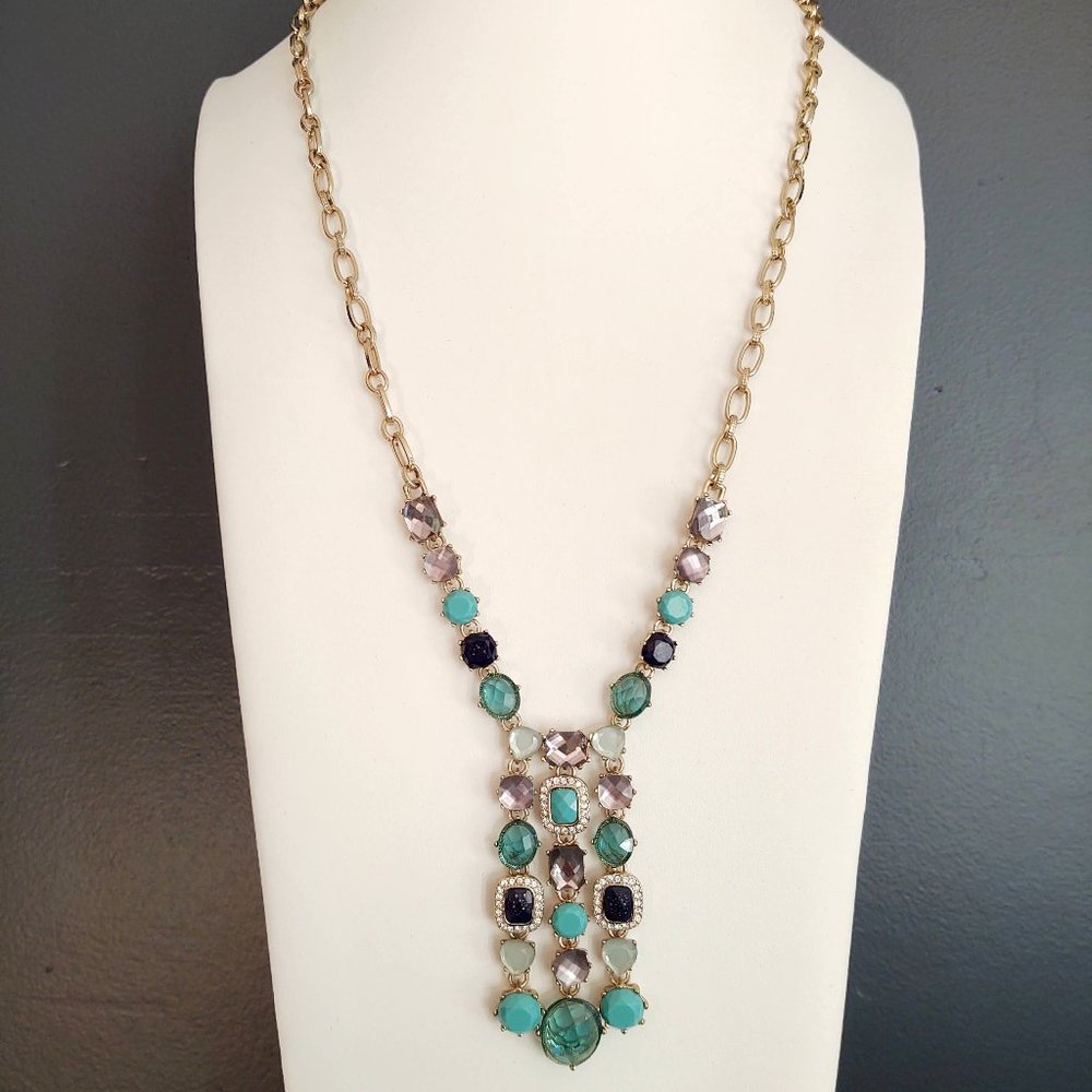 Long multi beaded necklace-blue, mauve, navy with cz accents